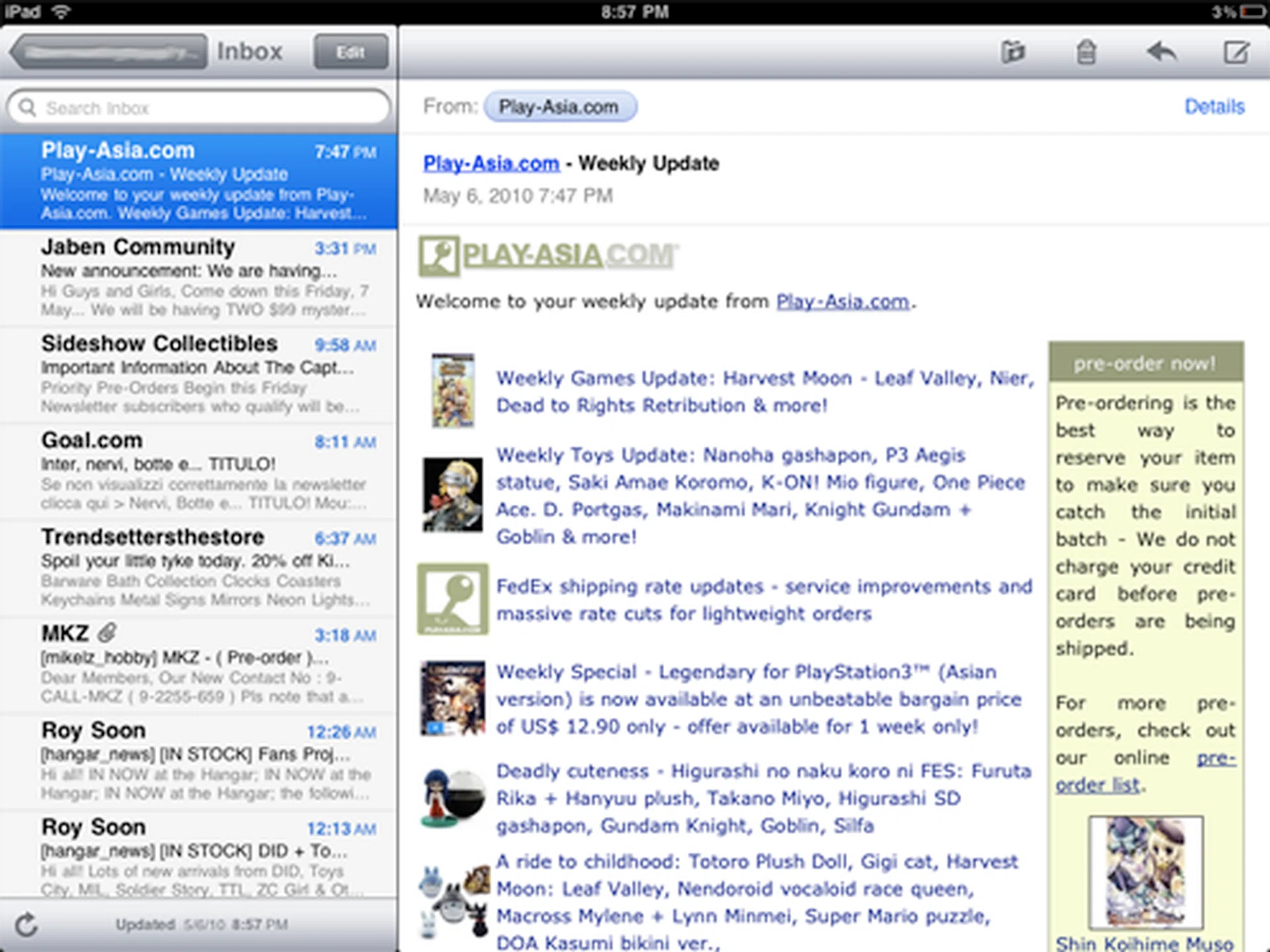 Mail works best in landscape mode. The dual window layout displays mails in your mailbox on the left and contents of the selected mail on the right.
