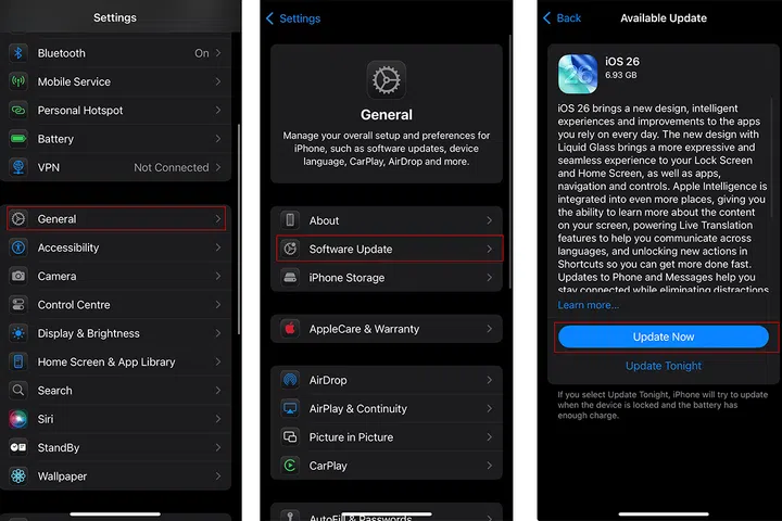 The update steps will be similar across all Apple devices. Latest updates is found under Software Updates. 