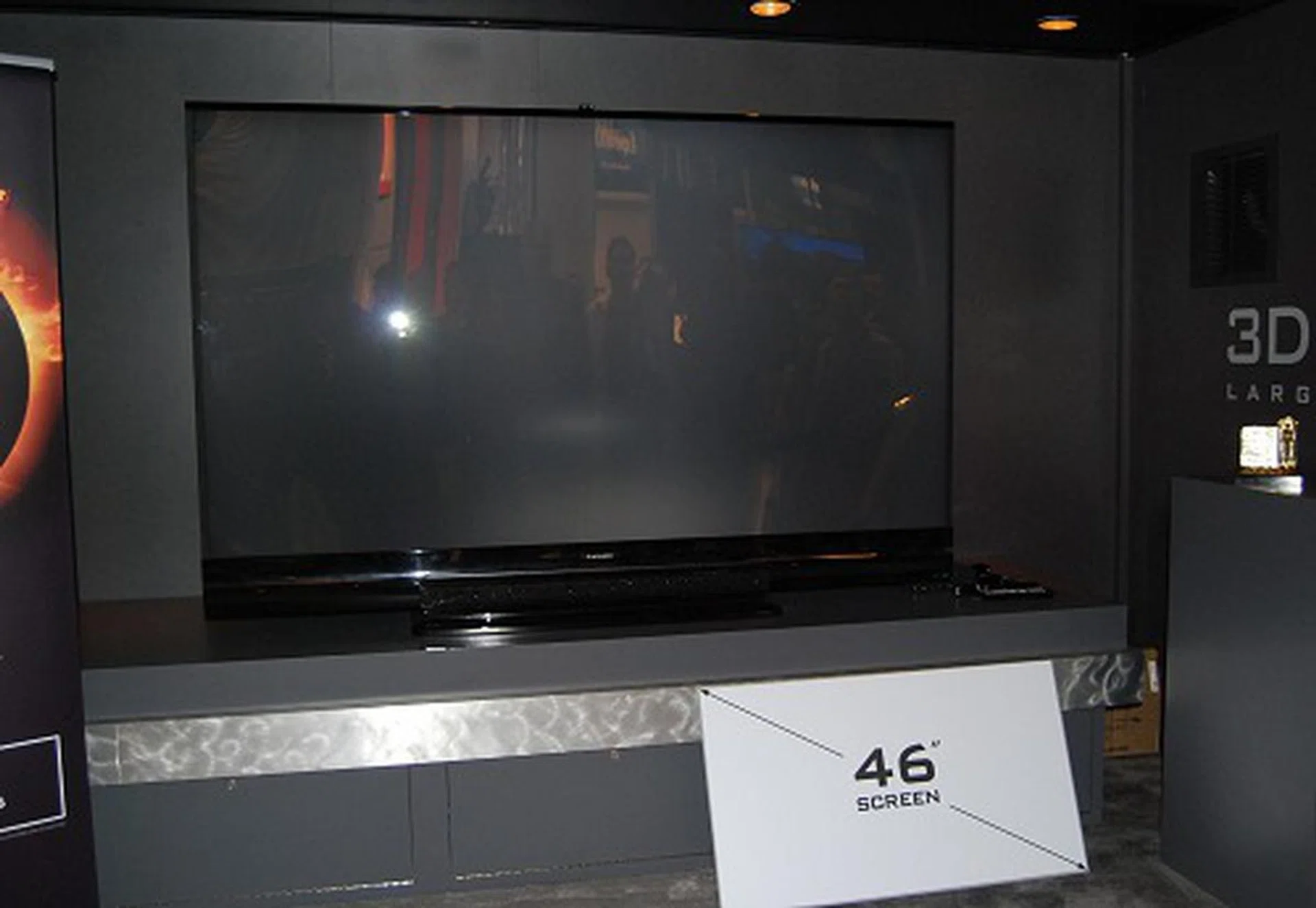 Mitsubishi is still going strong with their LaserVue series based on the DLP rear projection TVs. Their reason is that as screen size grows, the cost of LCD TVs go up very steeply and rear-projection DLP technology TVs offer the best performance to price ratio. Seen at the show is this new massive 92-inch model. See the mock 46-inch screen size for comparison? That's the equivalent cost of getting this massive screen too.