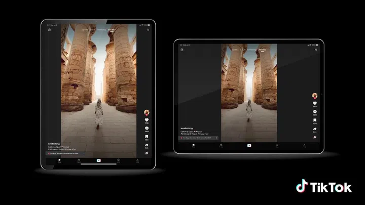 The upgraded TikTok app on a tablet, in both portrait (left) and landscape (right) orientation. Source: TikTok.