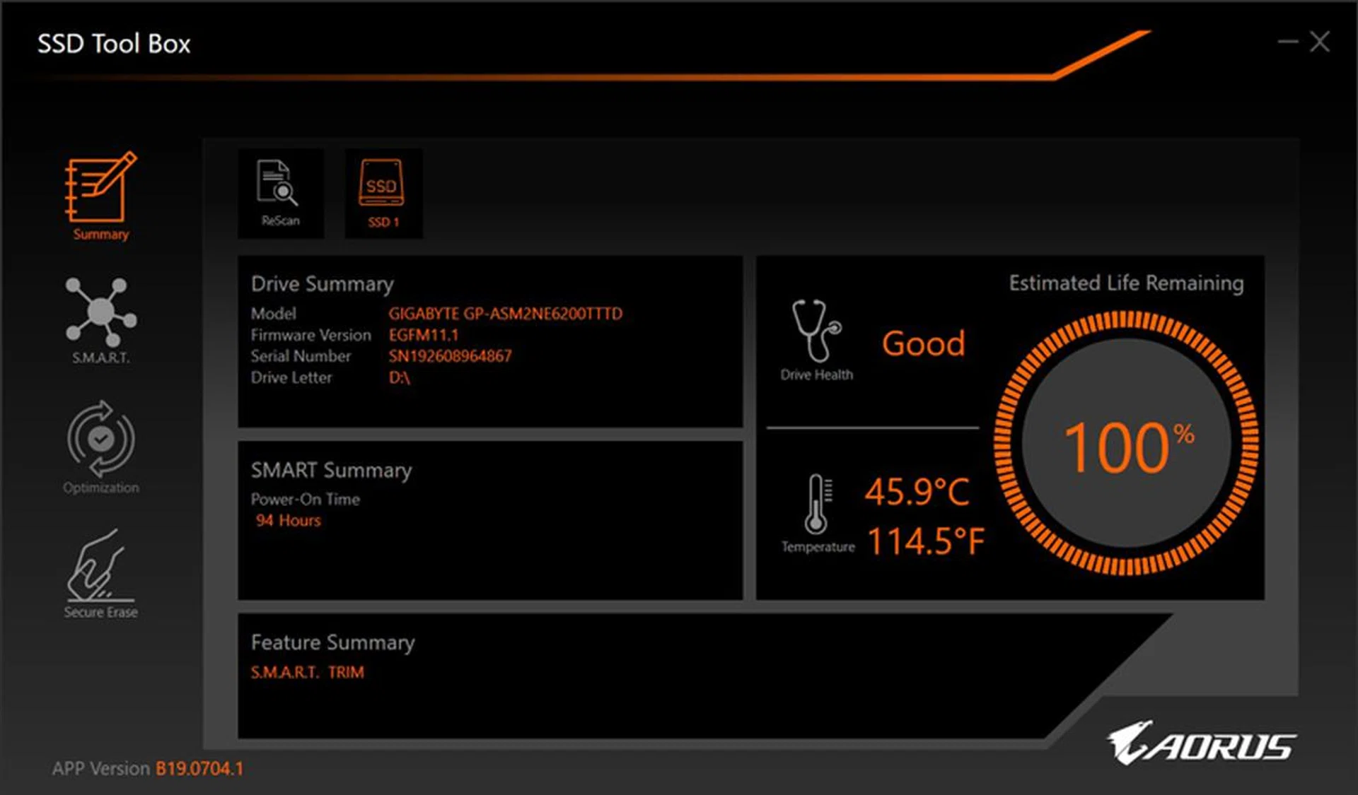 The Aorus SSD Tool Box is a simple but functional SSD utility.