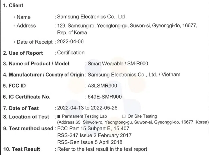 FCC filing of the Galaxy Watch5 series for U.S. regulatory approval.