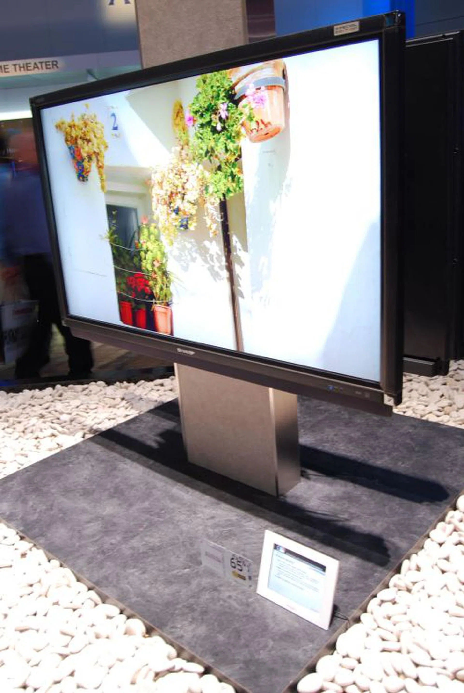  Sharp unveiled its new SE94U AQUOS HDTV series at the show that has 27,000:1 dynamic contrast ratio. Available in sizes of 65-, 52- and 46-inch sizes, the "Special Edition" SE94U series features Sharp's AQUOS Net service and new Cornerstone design with a textured-finish casing. The 65" is available for US$11,000, the 52" will go on sale for US$4,200 and the 46" in February for US$3,200.  