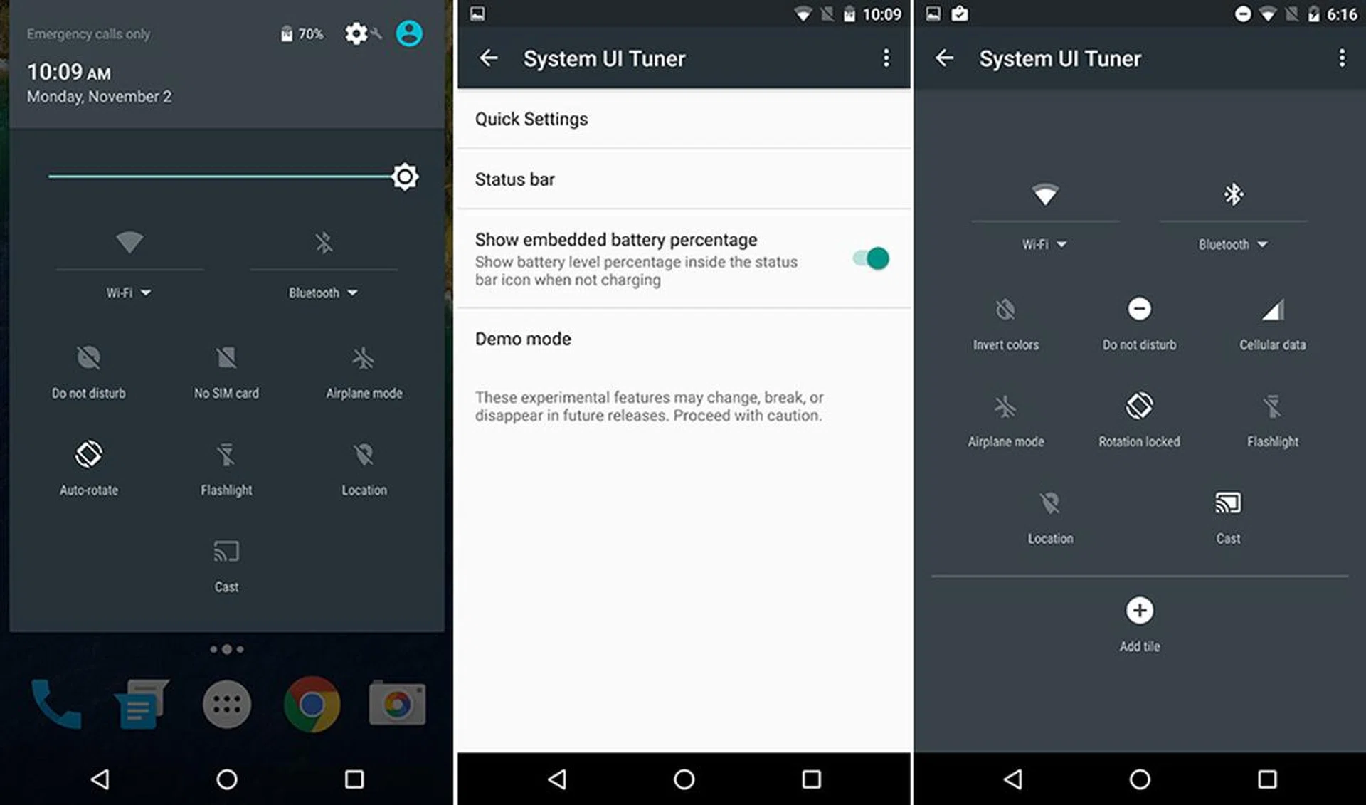 After activating System UI Tuner, a wrench will appear next to the cog in the notification shade. 