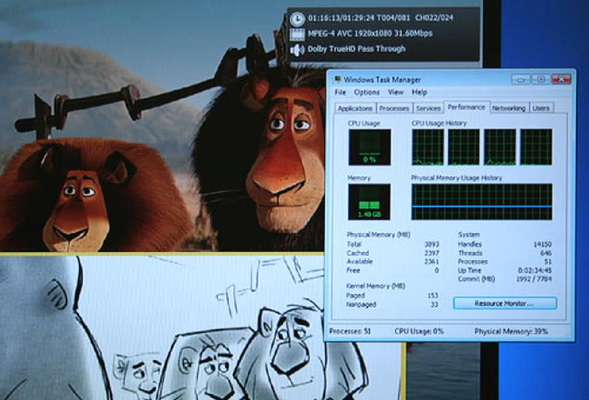 CPU utilization remains low even with two 1080p HD videos being decoded at the same time.