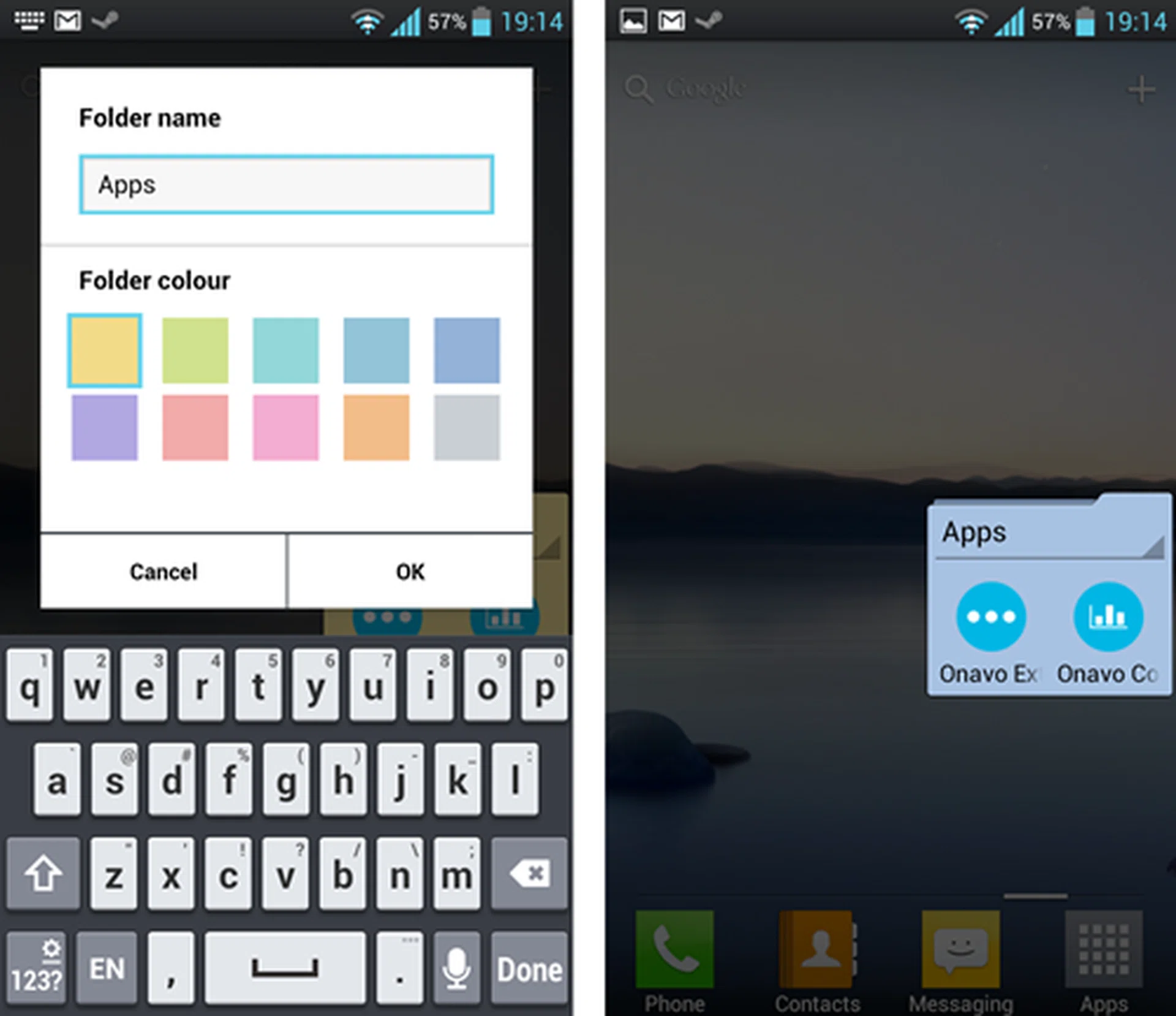 LG gives users an additional option of decorating their folders in different colors. Simply click on the triangle in the corner of your folder to select your desired color and input your desired folder name. 