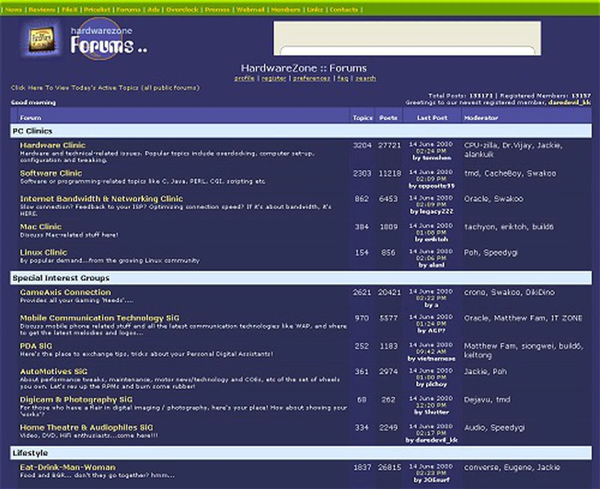 A snapshot of the forums in June 2000 with a total of 22 dedicated discussion groups.
