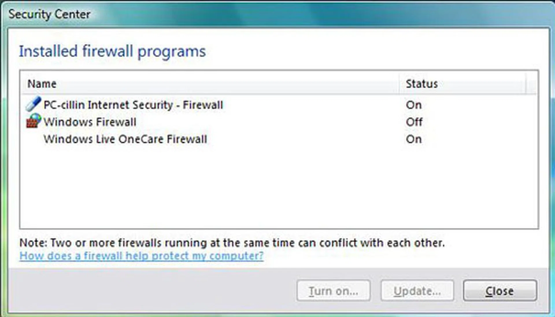 This window informs you of the Firewall applications currently installed on Windows Vista.