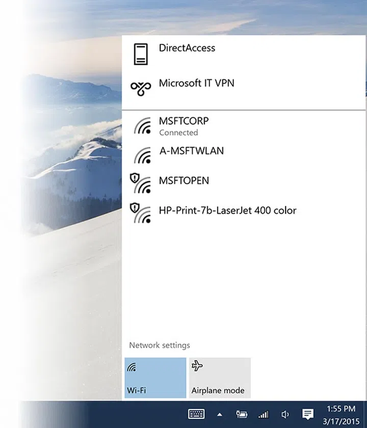 You can easily connect to wireless networks from this network fly-out. (Image source: Microsoft.)