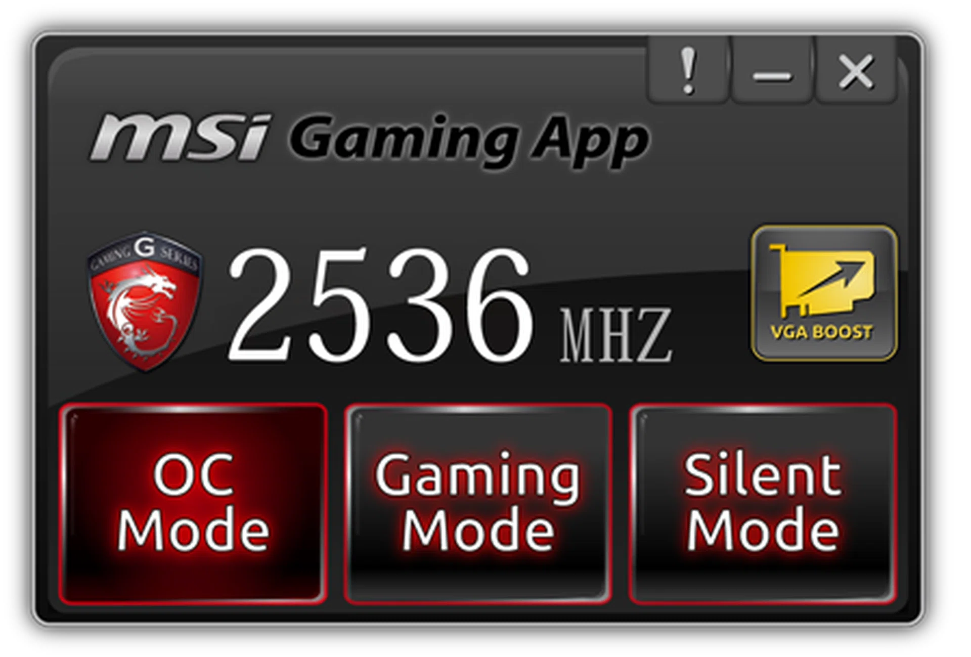 The MSI Gaming app lets you choose between a default gaming overclock (1020MHz) and a higher OC overclock that will boost core clock speeds up to 1080MHz. A Silent mode with lower clock speeds and reduced fan speed is also available.