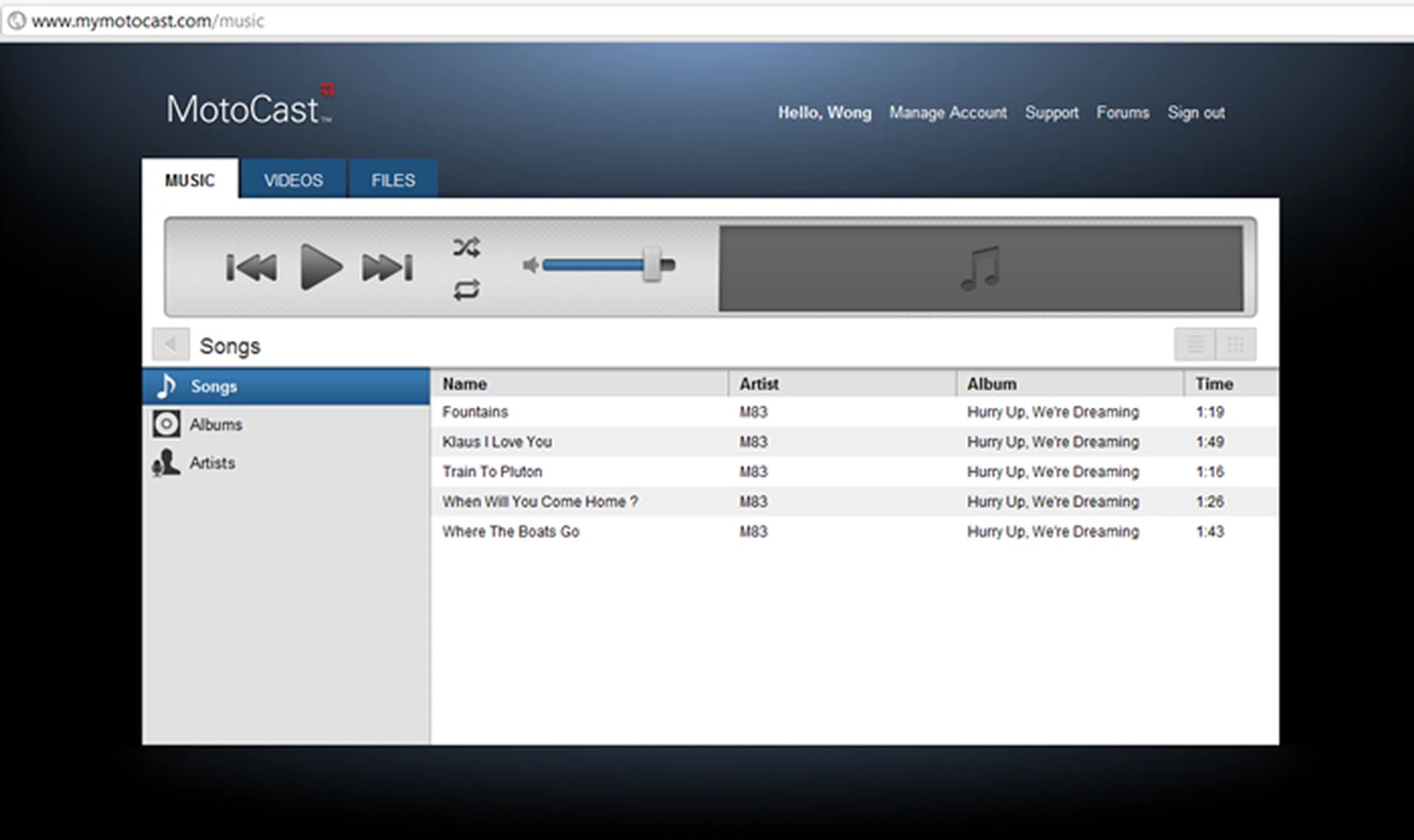 You can virtually access the content from any website when you log in with your MotoCast ID. You can choose to stream your music or videos without having to download them onto the computer that you are using. However, if you wish to have a physical copy, simply head over to the Files section and click on your desired content.