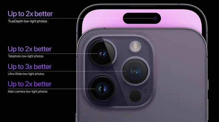 The rear camera layout on the Apple iPhone 14 Pro Max.