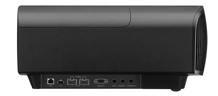The VW500ES has two HDMI 2.0 ports. The USB port is used for firmware updates, and not for playback of 4K files. The lamp door is at the top, and the fan is front-facing.