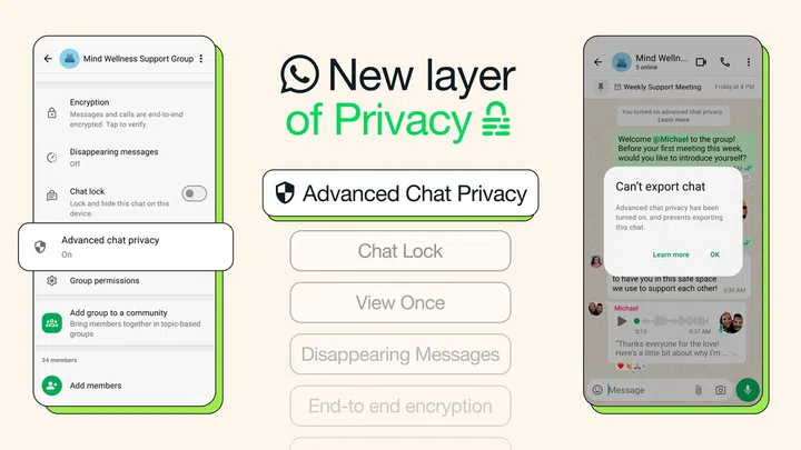 WhatsApp's Advanced Chat Privacy is for users who need even more assurances that what they share stays strictly within the group chat. Image: Meta (WhatsApp).
