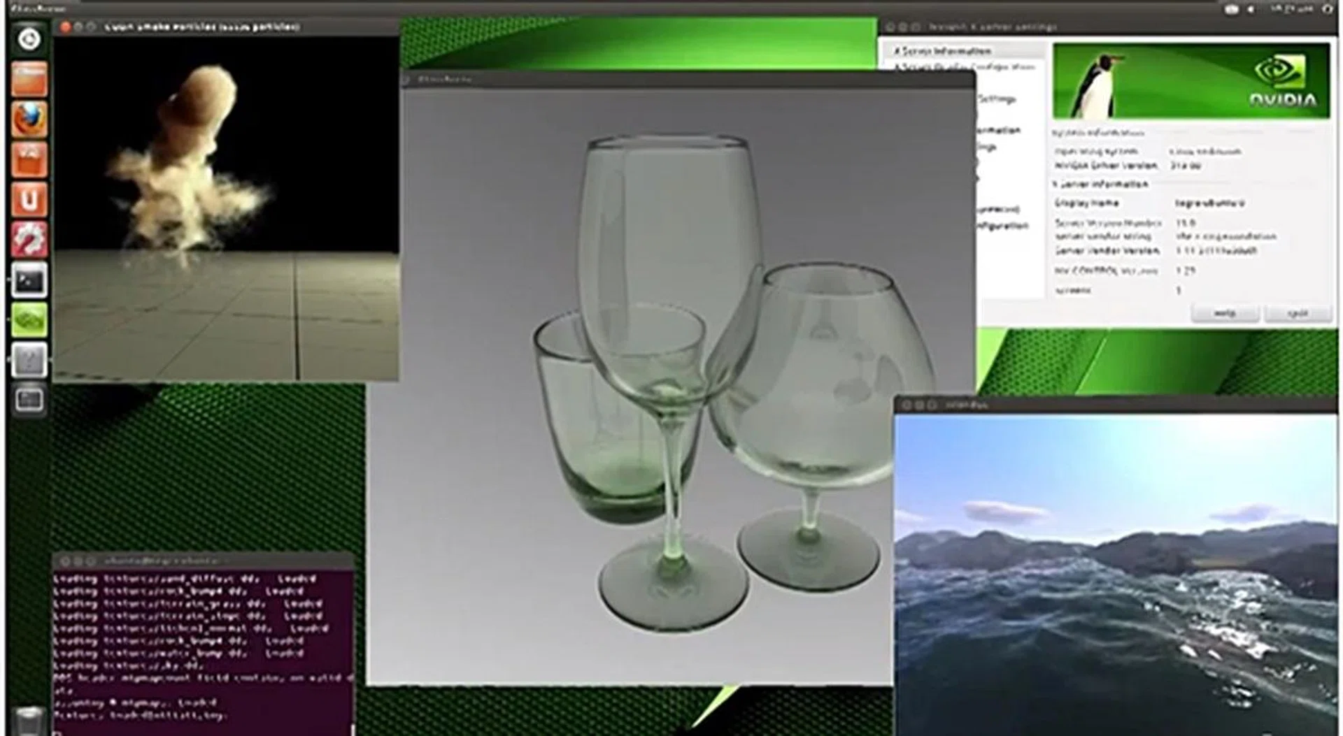 A screenshot of the Ubuntu OS-based Kayla system that was running programs that showcased its support for CUDA, OpenGL and PhsyX implementations.