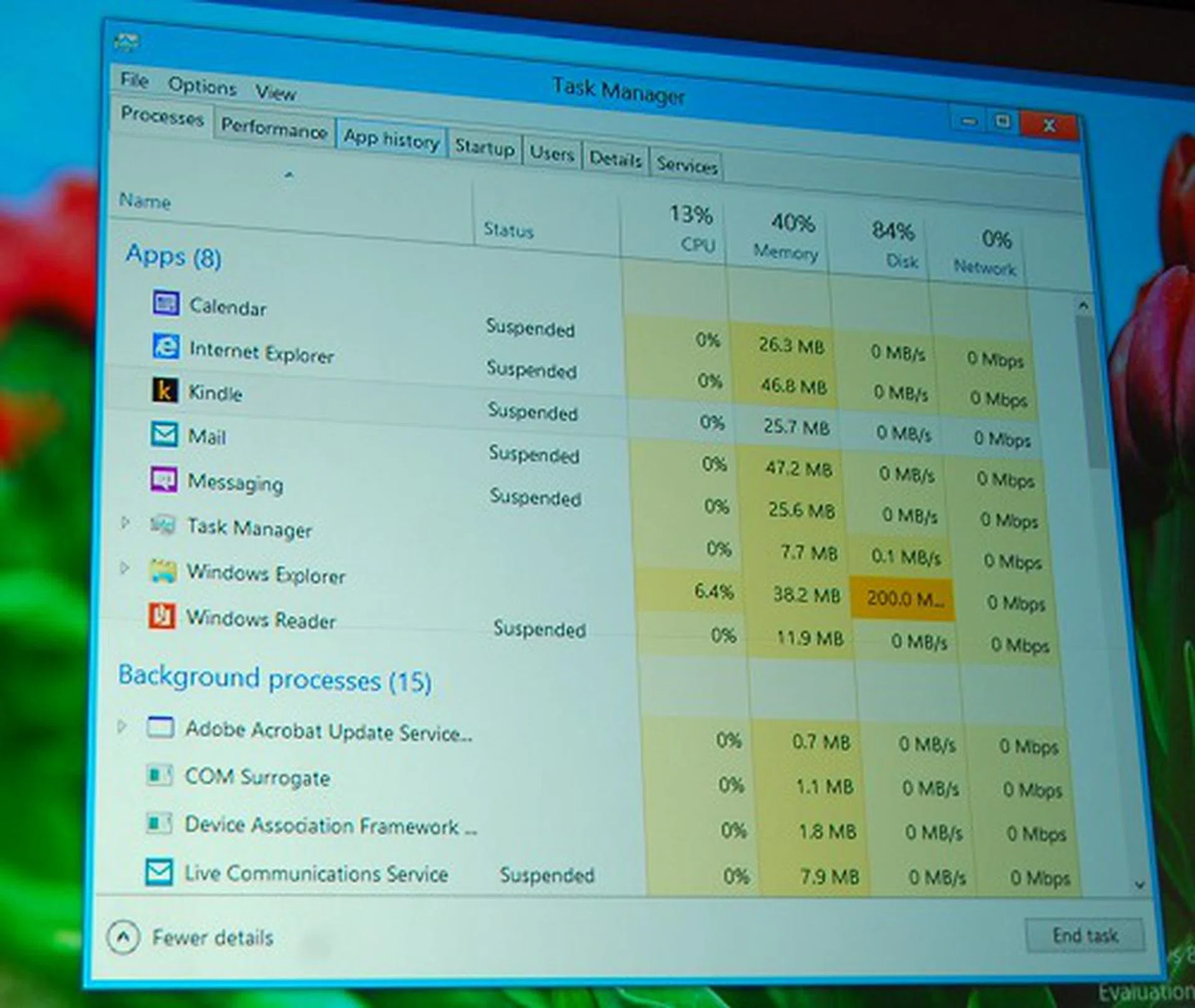 The advanced view of task manager has everything you need to know at a glance; plus the heat map style of representation brings focus to applications using abnormally high percentage of resources. Click for a close-up view.