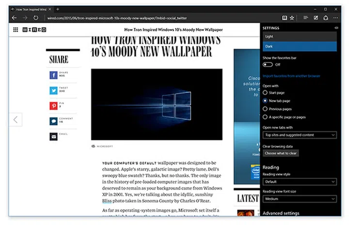 The Edge browser is gaining several new features in this build, including a dark theme. (Image source: Microsoft.)
