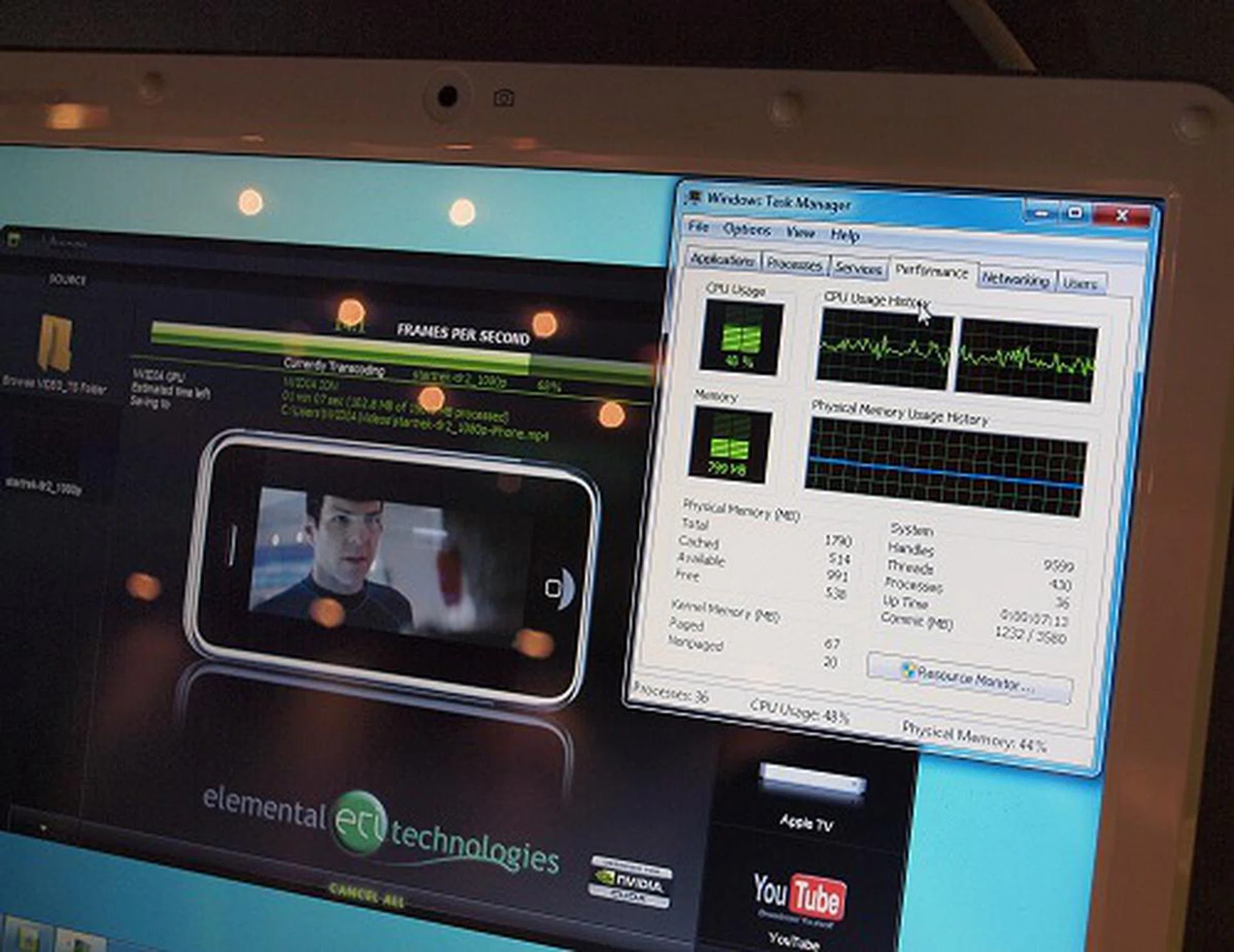 Here's a close-up of the screen and the CPU utilization rate. Even when handling such heavy-duty chores that an Intel platform based Atom system would have failed miserably, the NVIDIA Ion really utilizes the integrated GPU's resources with the help of CUDA and is able to tackle these tasks well with the right applications. Bear in mind, the IdeaPad S12 uses a single-core Atom processor, so the results we see here are remarkable.