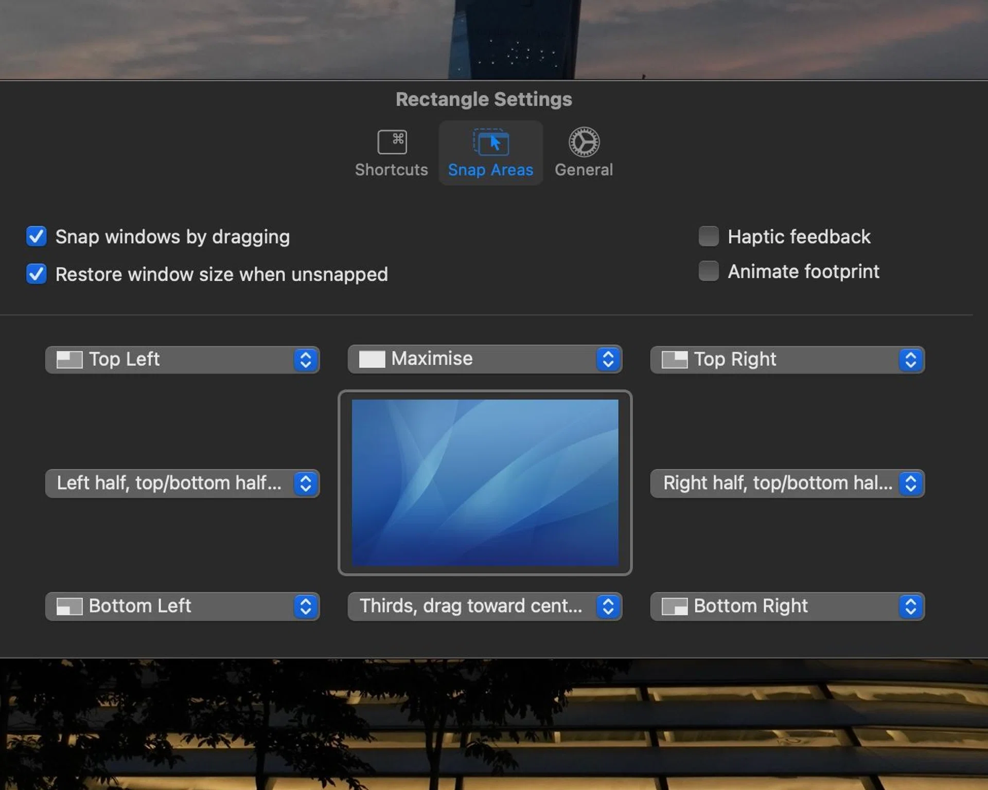 Setting multiple snap areas for applications