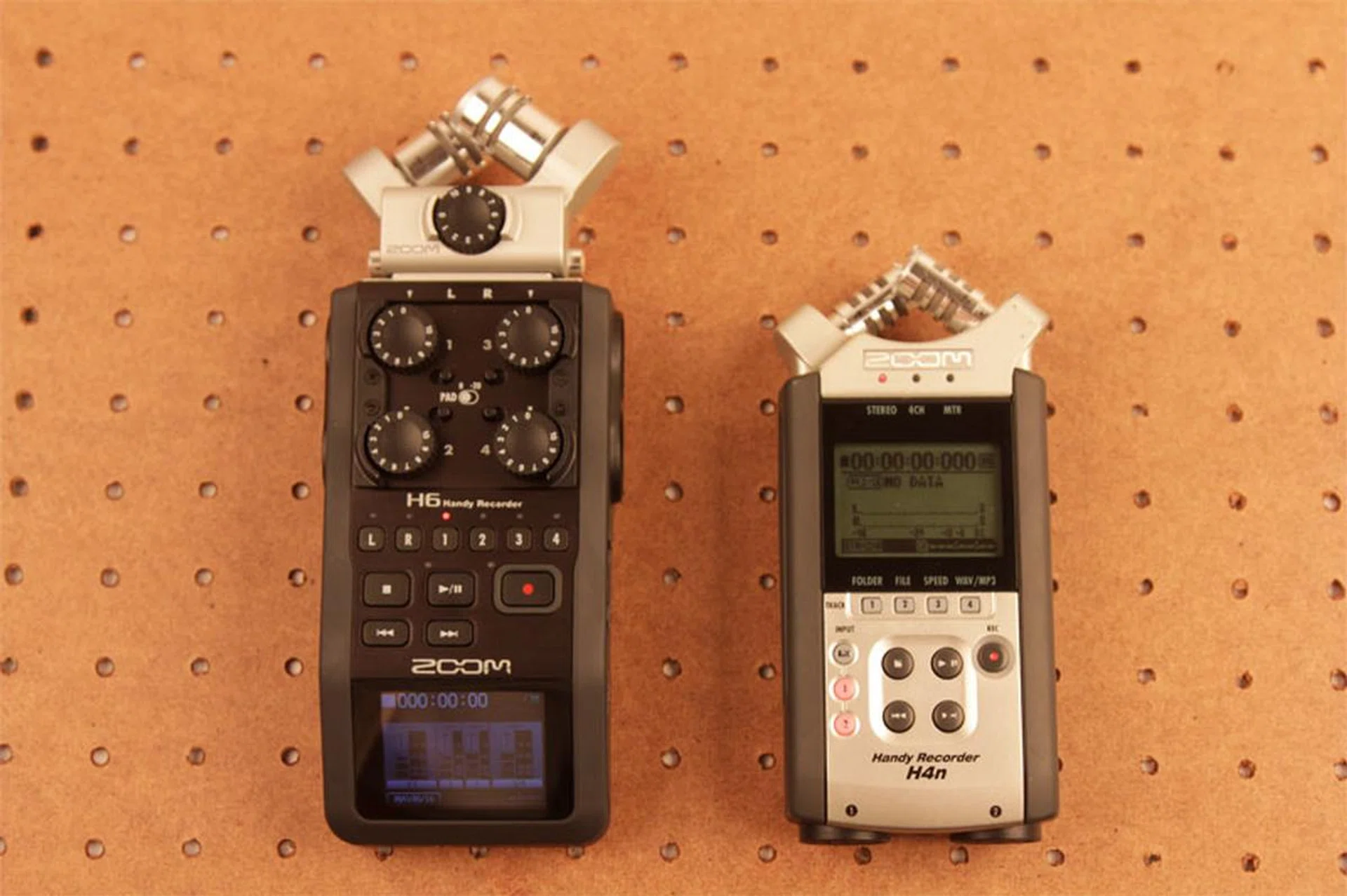 The Zoom H6 (left), alongside its predecessor, the Zoom H4n (right).