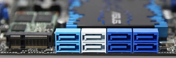 To the left of the SATA connectors is the onboard mSATA SSD to make use of the Intel Z77 Express chipset's support for Intel Rapid Start and Smart Response Technology.