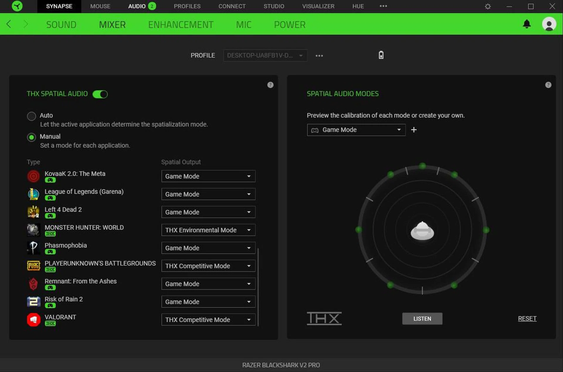 Special THX Game Profiles present within Razer Synapse 3 software.