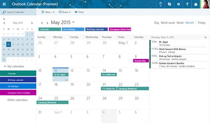 Outlook.com's calendar now has collapsible panels on the left and right side of the calendar. (Image source: Microsoft.)