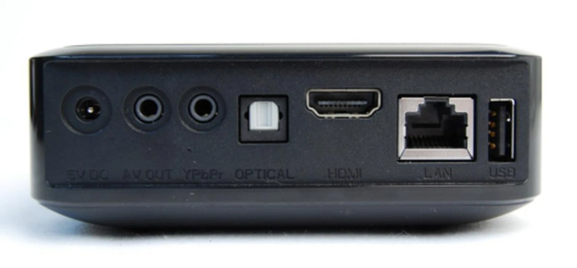 From left to right: An external power supply input, dual 3.5mm jacks for composite and component outputs, optical output, HDMI output, Ethernet port and a USB interface.