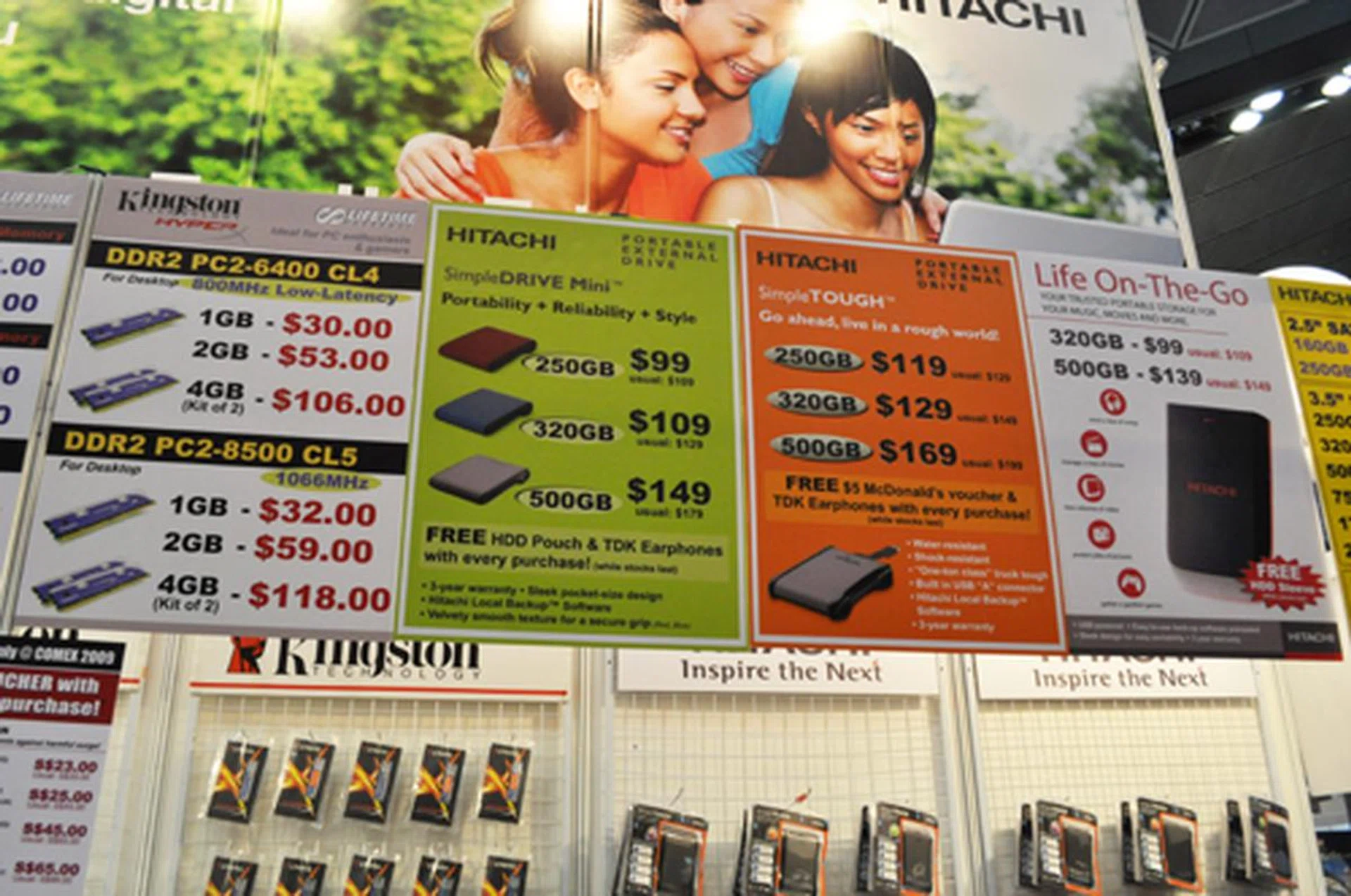 Looking for memory on the go? Hitachi SimpleDRIVE Mini 320GB HDDs are at $109, while 500GB HDDs are at $149.
