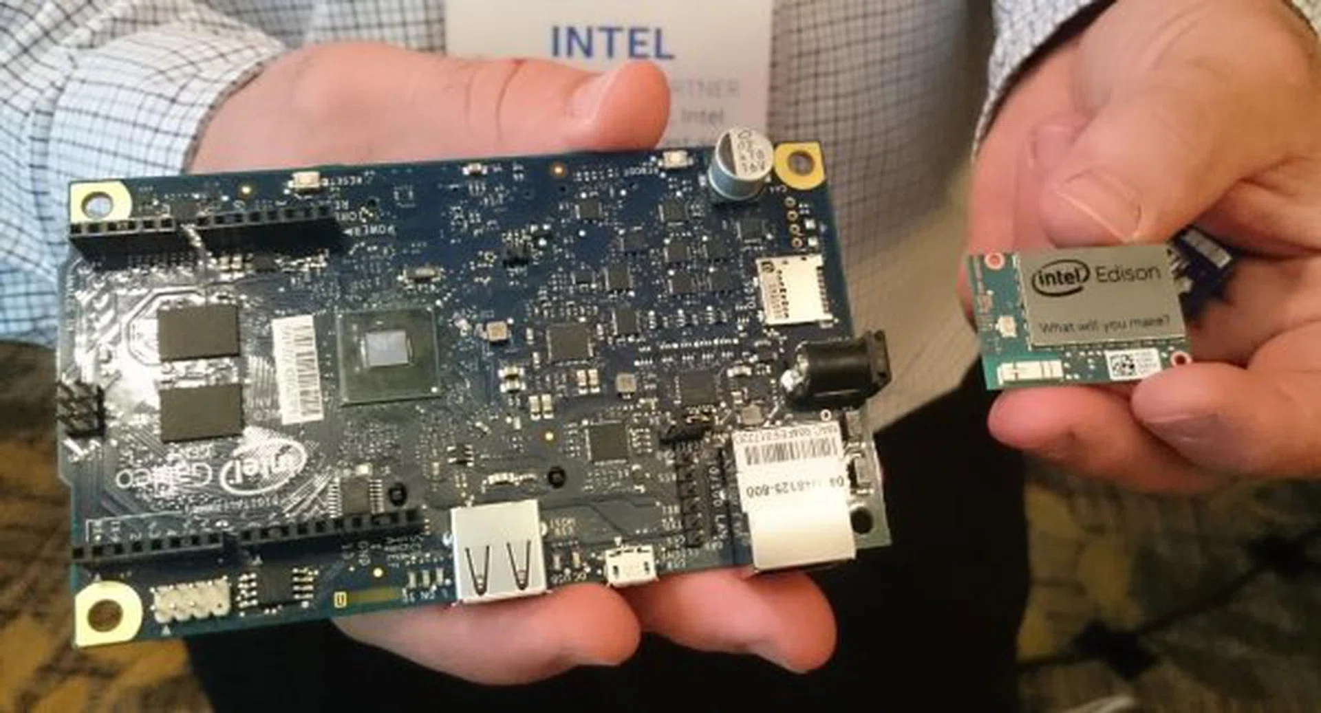 Intel Galileo development board on the left and the Intel Edison development board on the right.