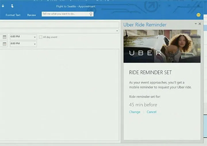 Here's Uber running in Outlook on the desktop, which will also run in iOS.