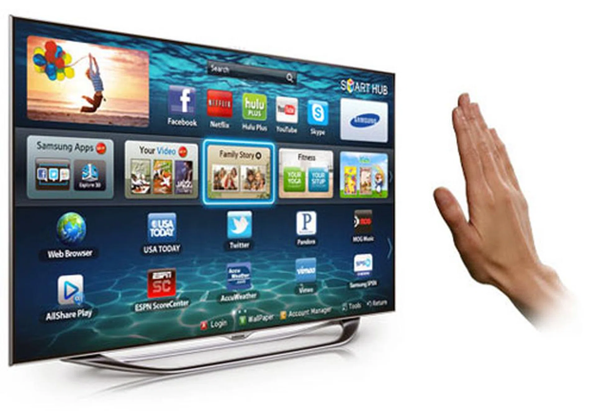Using the TV's built-in camera, Samsung has taken things one step further by incorporating gesture recognition (sans the remote) for users to navigate their Smart TV interface. 