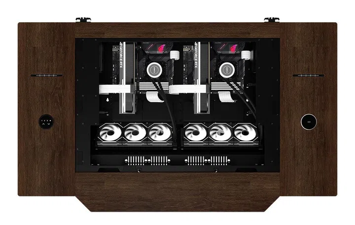 The DK-07 Wood supports two E-ATX motherboards, allowing you to have two systems in the desk chassis. Note the control panel with a display and wireless charging pad flanking the glass panel.