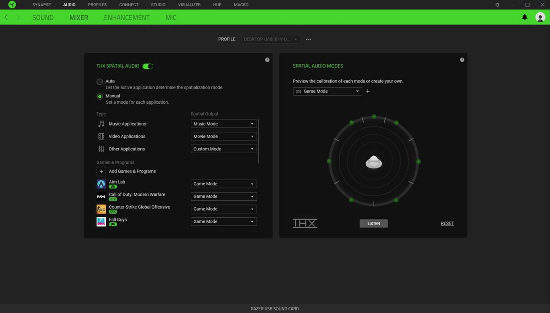 You can manually select which audio modes you want to apply to specific games in Synapse 3. 