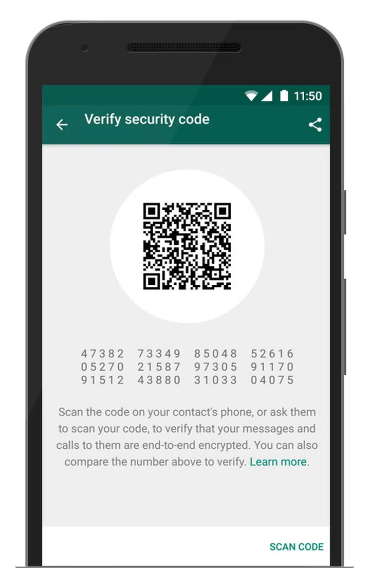 An example of the end-to-end encryption: both sides of the chat will be able to see a matching QR code or 60-digit number.