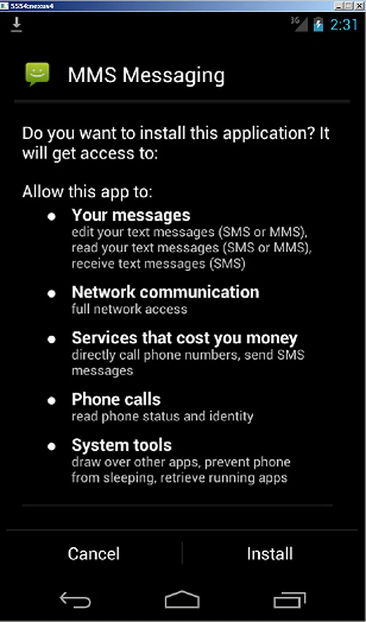 An example of the .apk installation that would start the malware attack. Here, you can see the permissions granted to the .apk file upon installation. Image credit: Heimdal