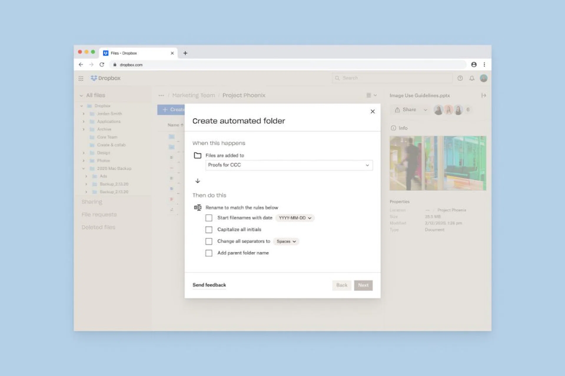 Automated folders can rename any folded loaded into it. Image source: Dropbox.