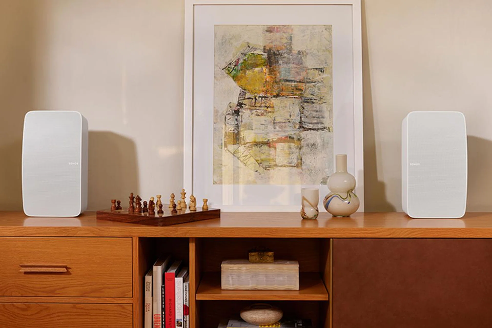 Two Sonos Five speakers in a paired setup for the living room.
