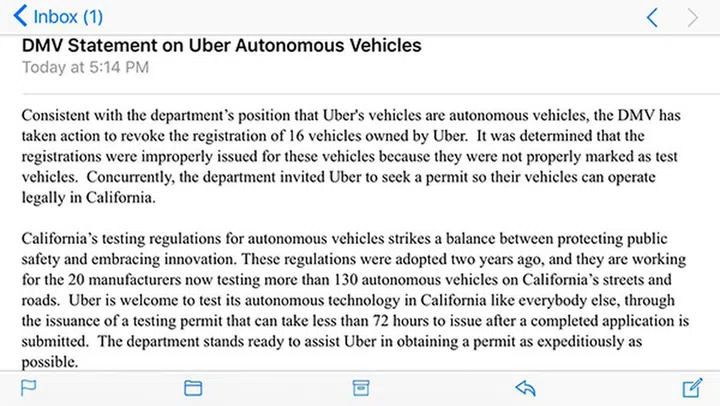 California DMV's statement on why they shut down Uber's testing.