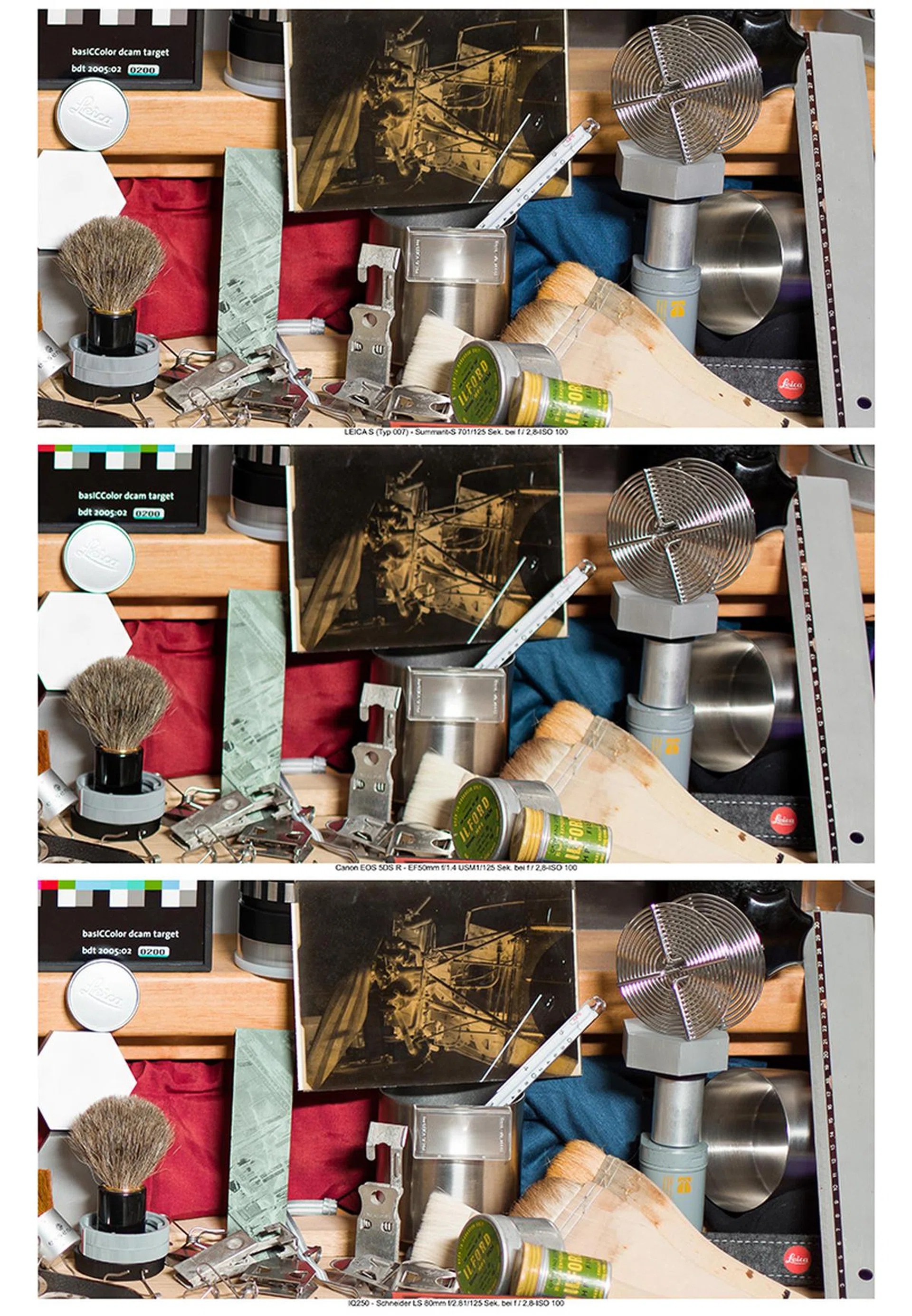 Comparisons at ISO 100 to show of the quality of their lenses. (From top: Leica S, Canon EOS 5DS R, Phase One IQ 250)