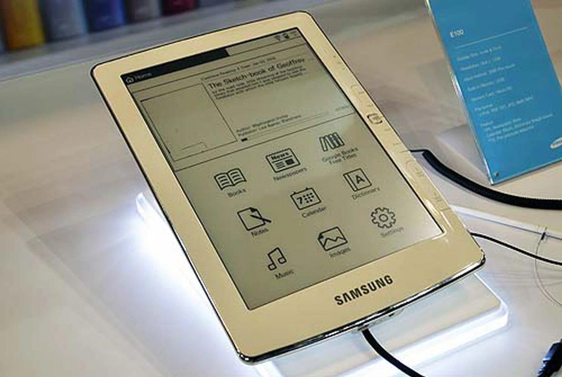 This 9.7-inch Samsung E100 e-book reader features a 825 x 1200 resolution and EMR Pen touch input with 2GB built-in memory and expandability in the form of a microSD slot. Reads ePub, TXT and PDF.