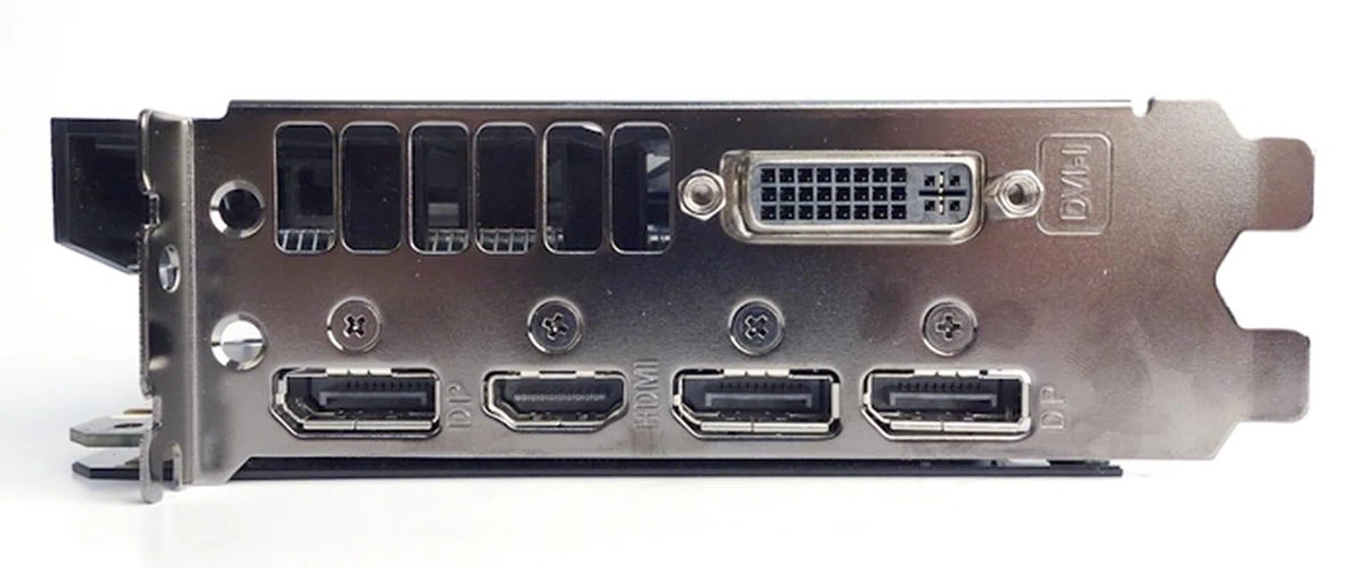 The card has three DisplayPort ports, a HDMI 2.0 port, and a dual-linked DVI-I port.