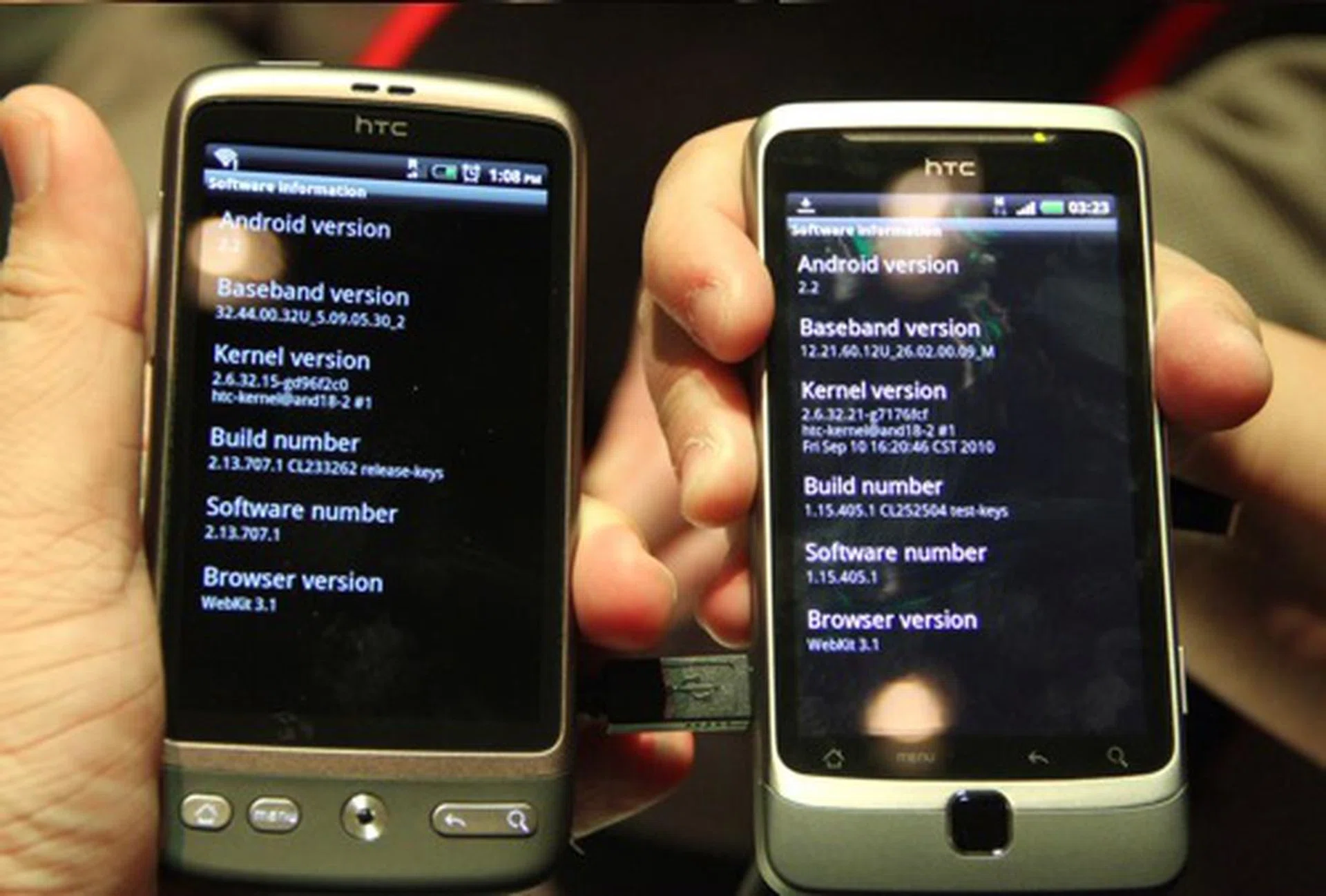 For those who'd like to know, the software information on one of the demo units of the Desire Z (right), versus my personal HTC Desire (left).