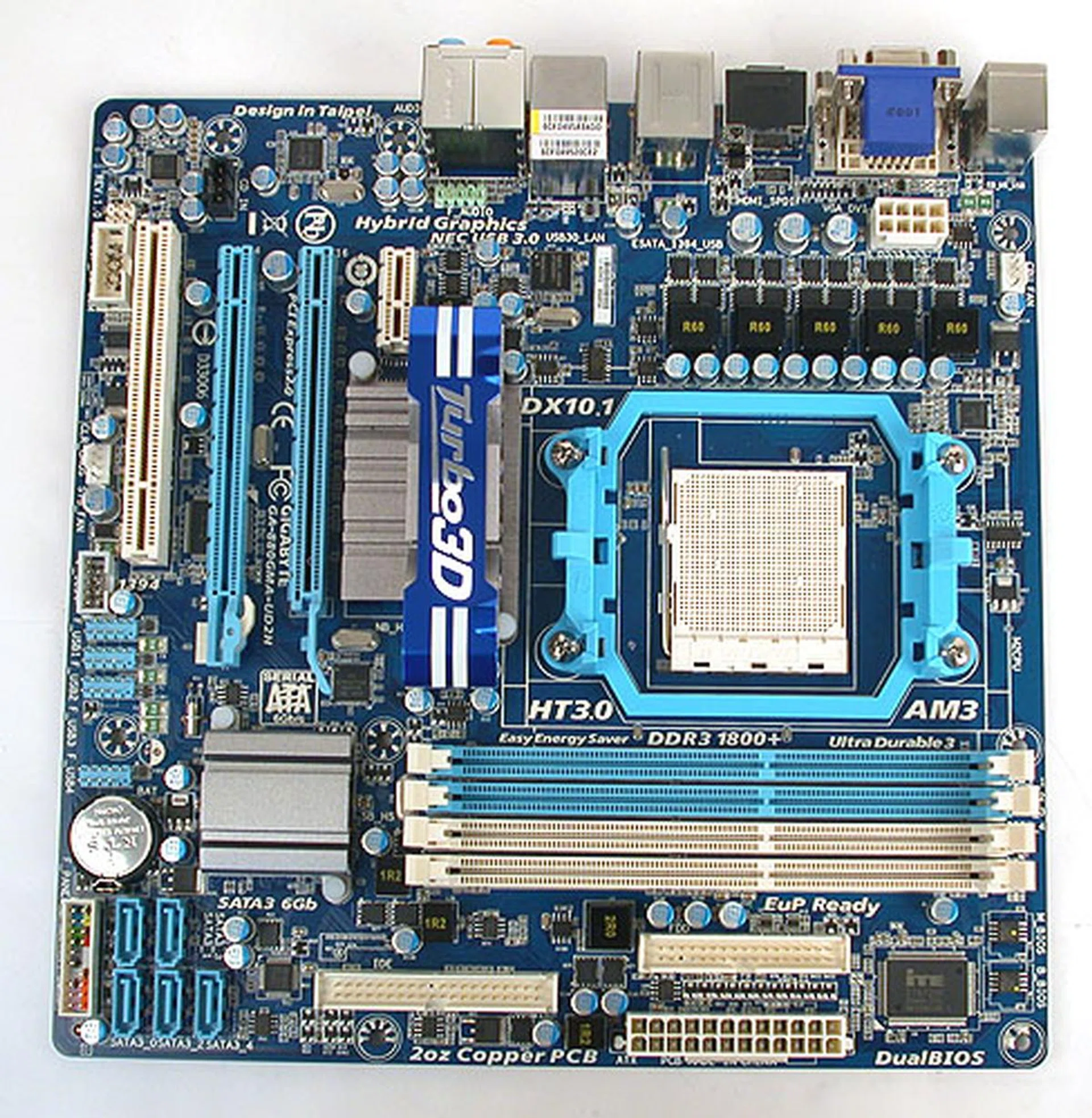 This Gigabyte 880G board is a microATX version that comes with a single PEG slot which has proper full PCIe 2.0 x16 interface and supports Hybrid Graphics. Take note that the second PEG-like slot is only a PCIe 2.0 x4 interface. Since both slots share the same interface, plugging in an x4 card in the x4 slot will downgrade the PCIe x16 slot to operate at x4 mode too. As such, discrete CrossFireX is not supported.
