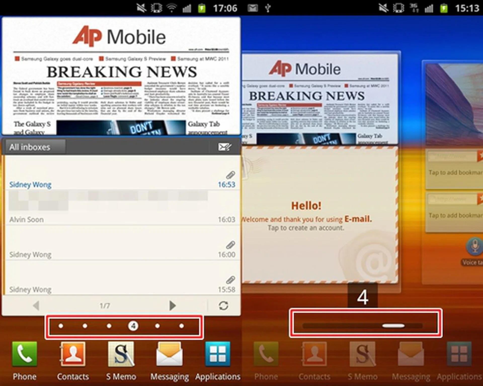 One useful feature of the Samsung TouchWiz interface is the home screen panel navigation indication to double up as a scroll bar. Simply press and hold on the numbered dots and a scroll bar will appear (right), which allows you to scroll sideways to view each individual home screen panel.