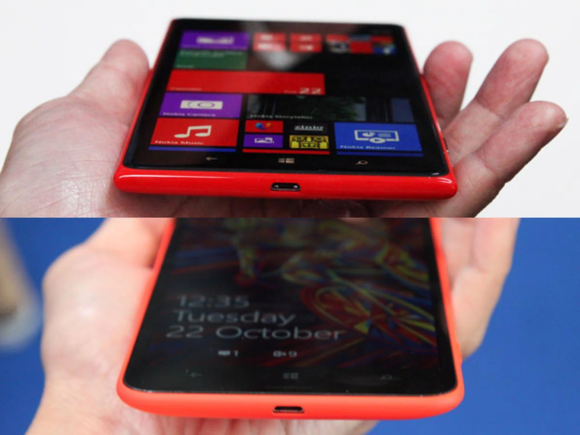 Similar with other Lumia devices, the USB port is located at the bottom of the device. Seen here for the Lumia 1520 (top) and Lumia 1320 (bottom).