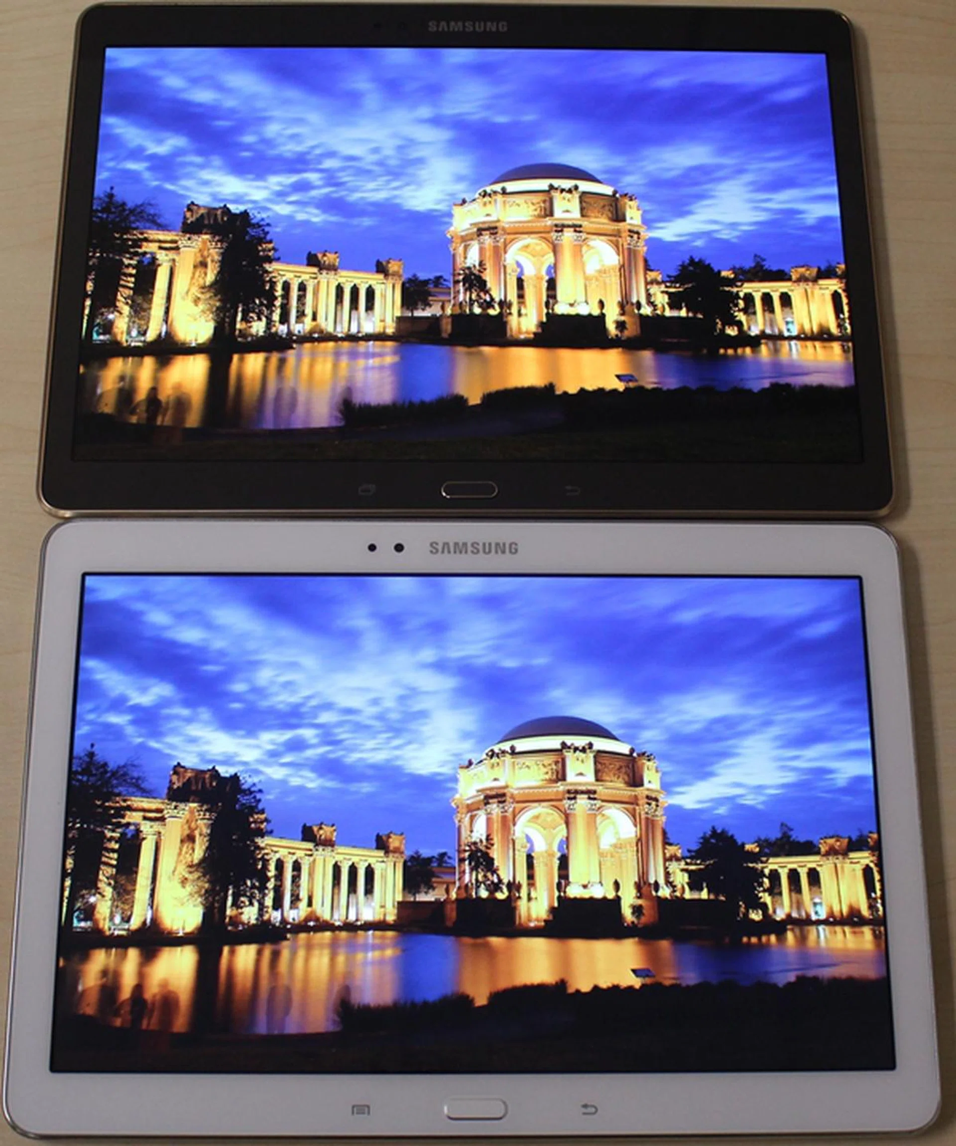 Notice the evening sky is darker on the Samsung Galaxy Tab S (10.5). The warm lighting in the Galaxy Note 10.1 2014 Edition (bottom device) looks a little whitewashed.