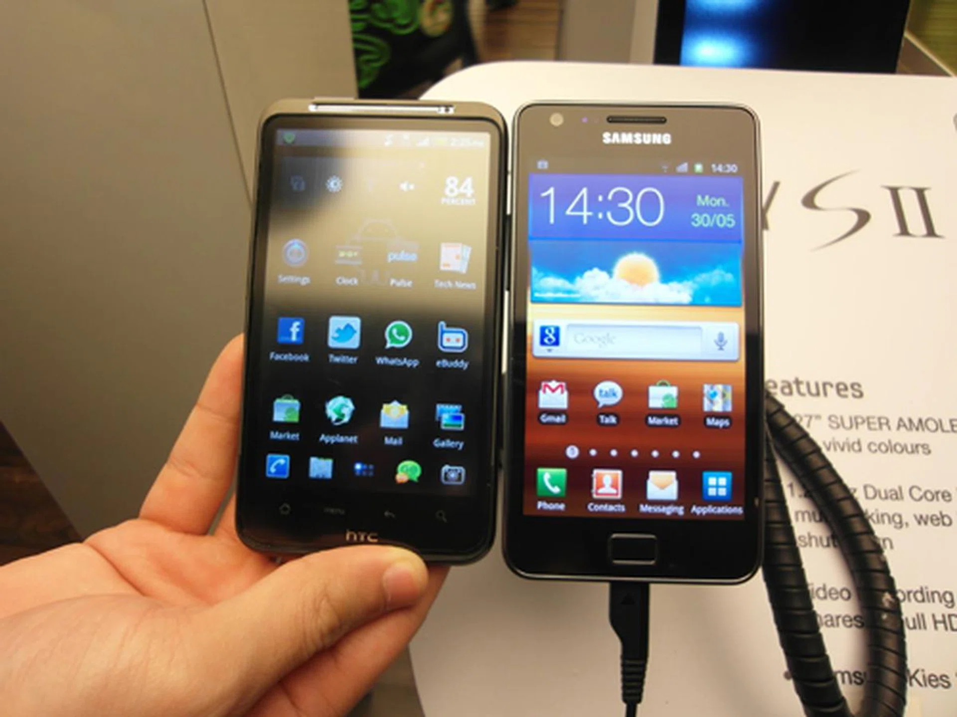 Beside the 4.3-inch HTC Desire HD, the Samsung Galaxy S II's 4.27-inch Super AMOLED Plus screen doesn't fail to impress.