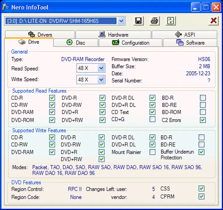 A quick summary of the supported read/write features on the LITE-ON SHM-165H6S.
