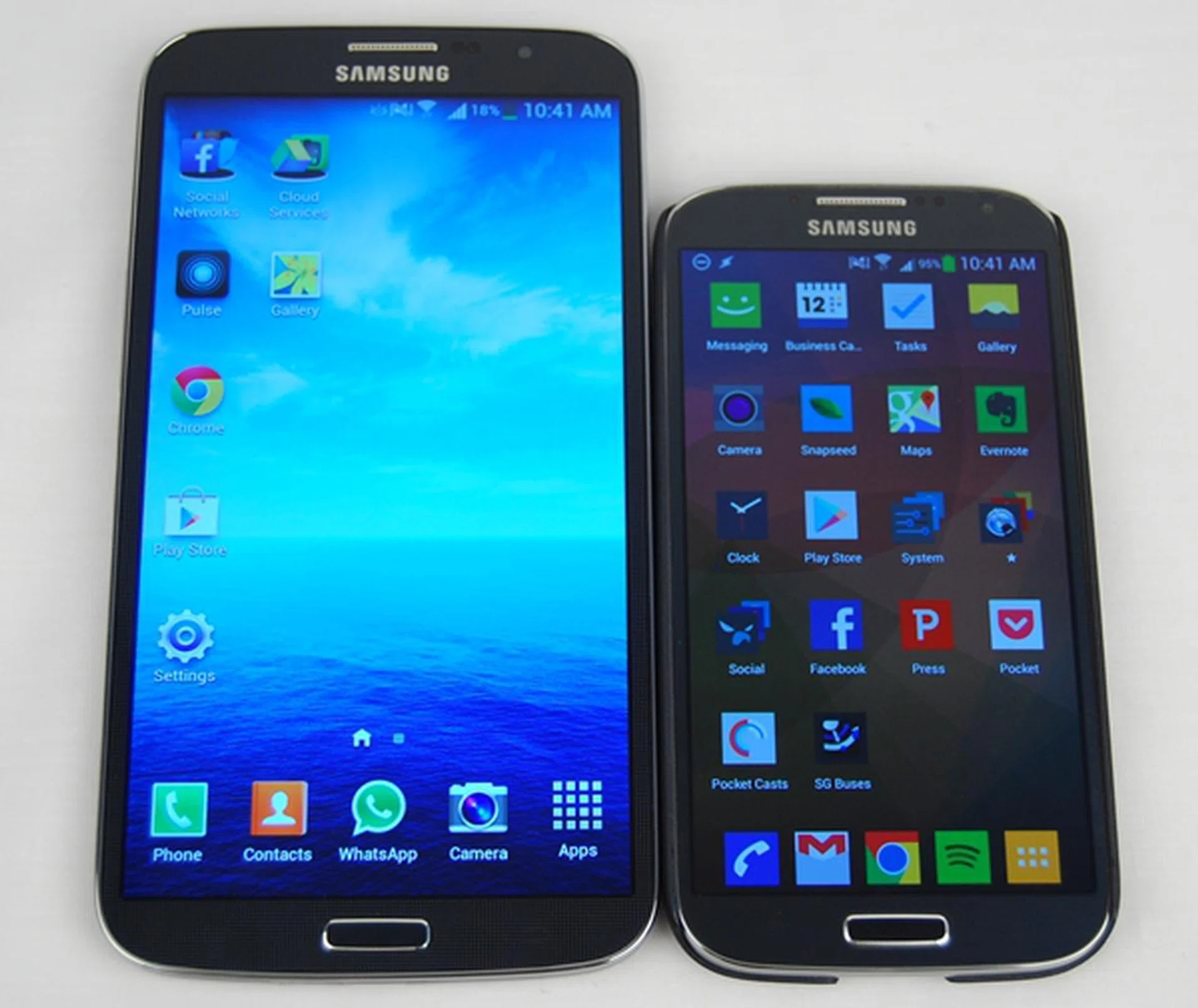 The Samsung Galaxy Mega with LTE (left) and Samsung Galaxy S4 (right) are like siblings; the former is like a bigger brother.